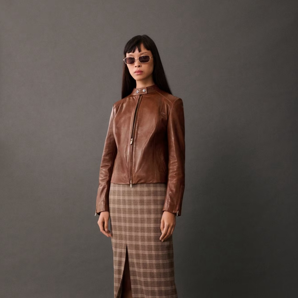 Mango Chestnut Brown Leather Zip-Front Women's Jacket